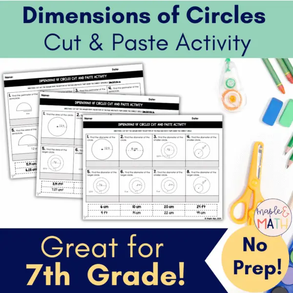 7th grade circles and semicircles cut and paste activity for circumference and area practice