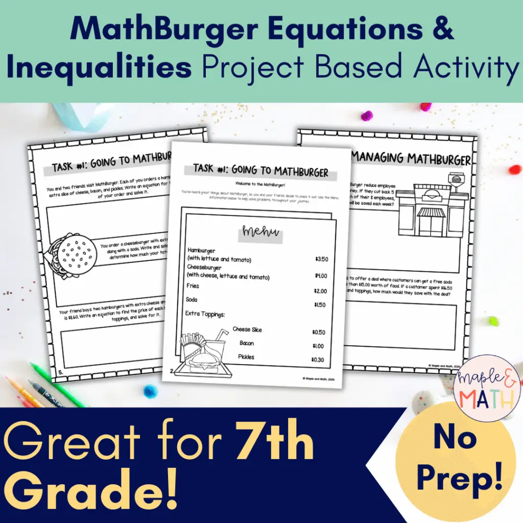 middle school math burger joint project with real-world equations and inequalities activities