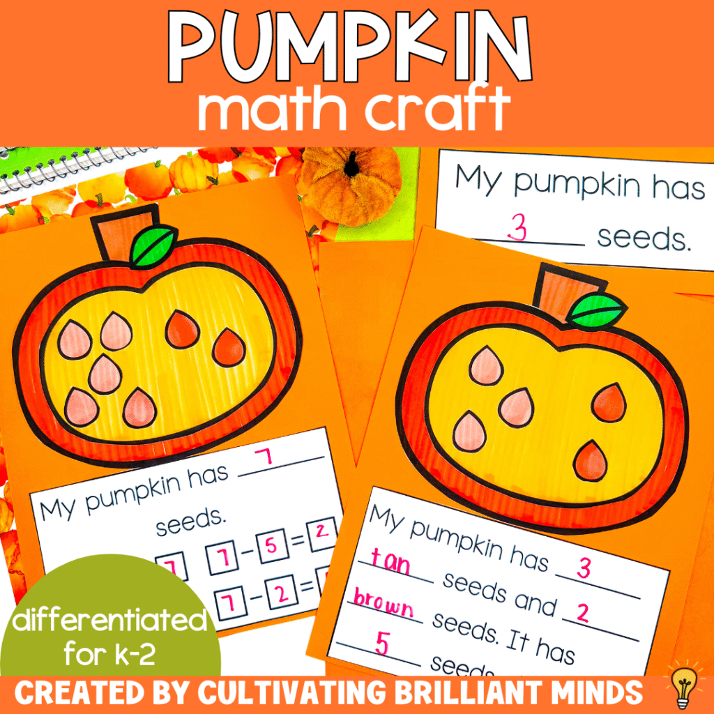 a pumpkin math craft where students count the seeds and write an addition equation