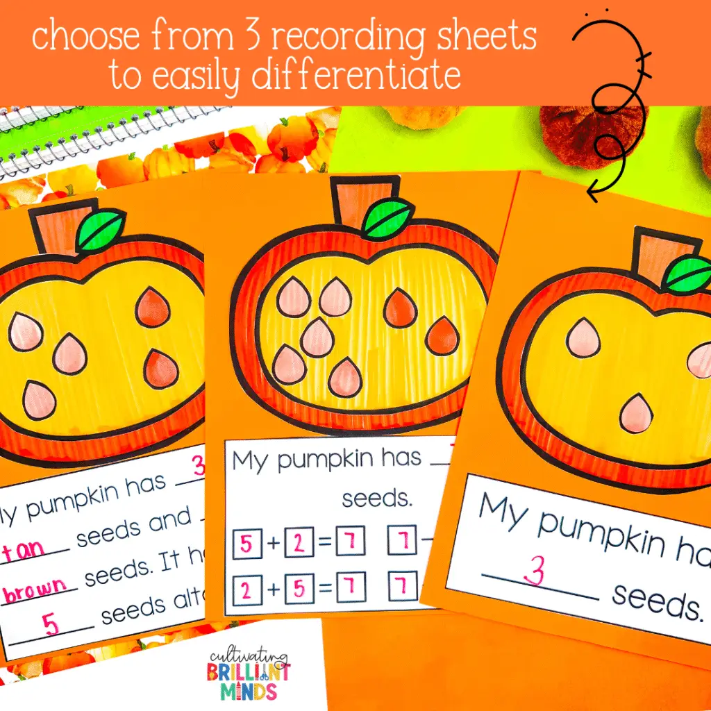 a pumpkin math craft where students count the seeds and write an addition equation