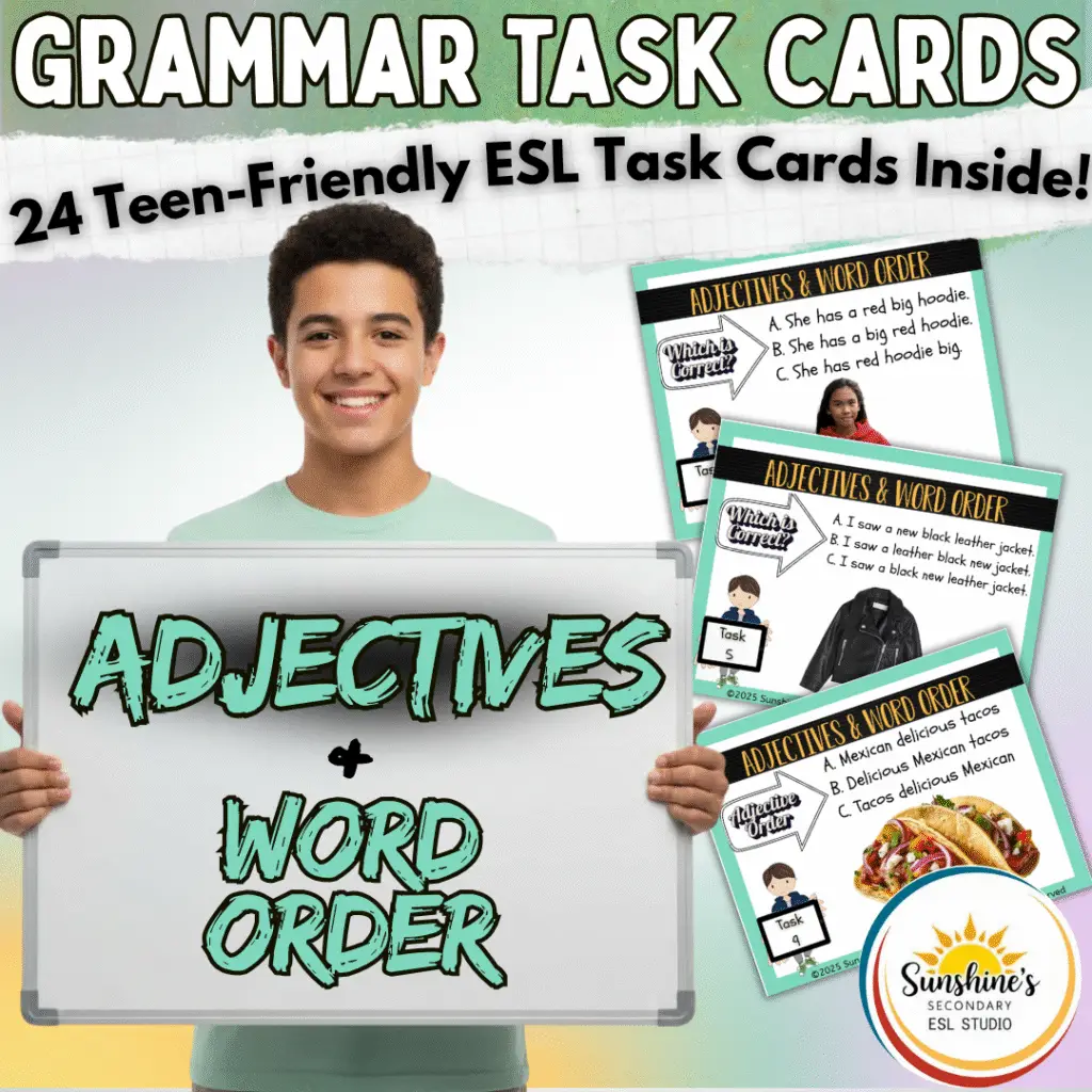 ESL Grammar Task Cards for teaching adjectives and word order, featuring a smiling teen holding a whiteboard and example cards from Sunshine’s Secondary ESL Studio