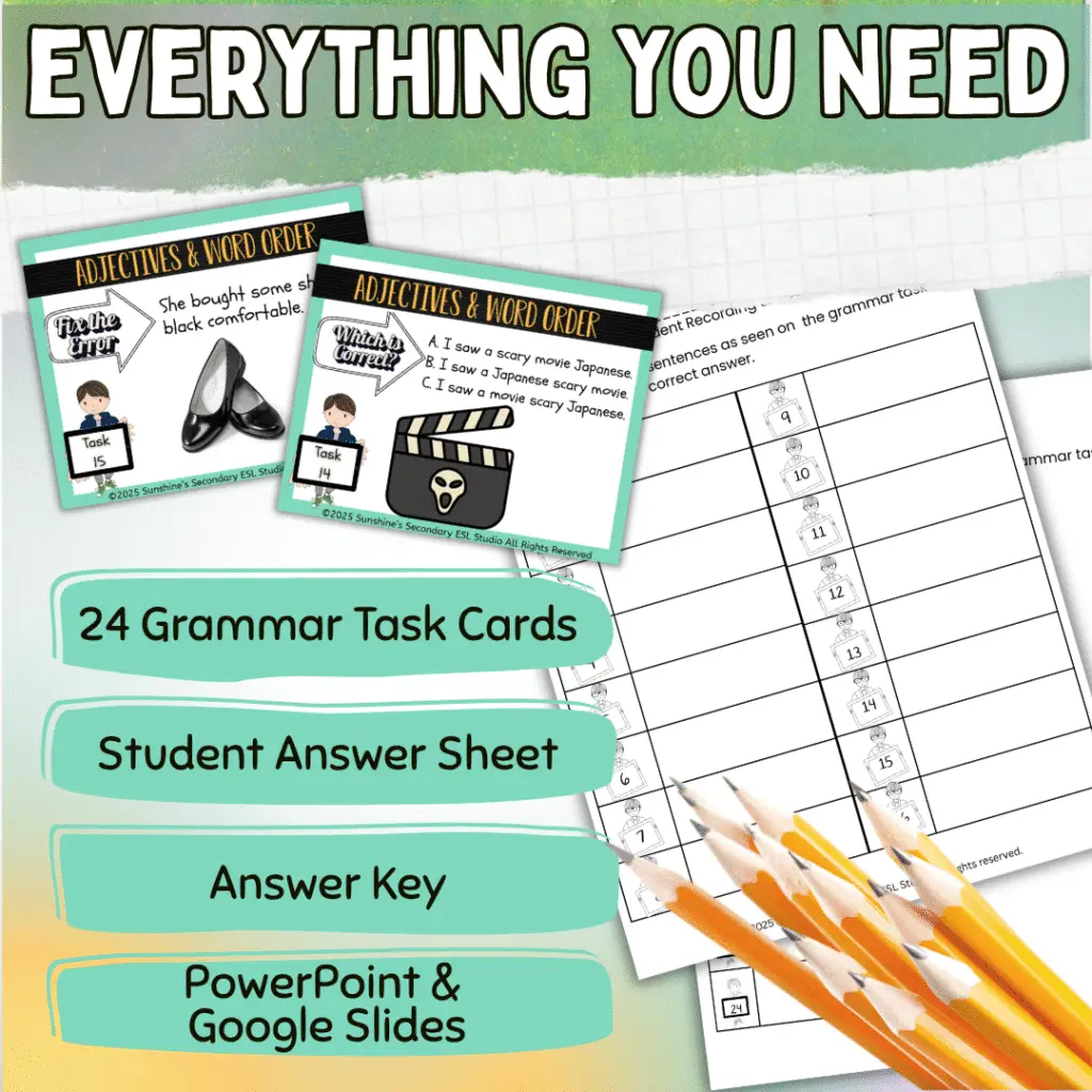ESL Adjectives and Word Order Grammar Task Cards preview showing task cards, student answer sheet, answer key, and PowerPoint and Google Slides versions