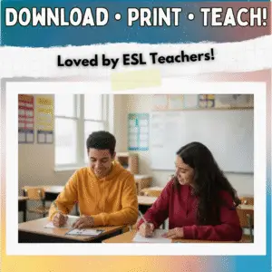 Two ESL students writing at their desks while using Articles Grammar Task Cards from Sunshine’s Secondary ESL Studio. Promotes ready-to-use printable ESL grammar activities for teachers.