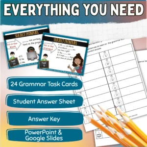 Two ESL task cards and student recording sheets showing what’s included in the grammar activity set.