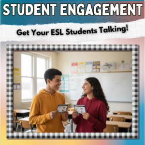 Two high school ESL students smiling and holding grammar task cards while speaking in class.