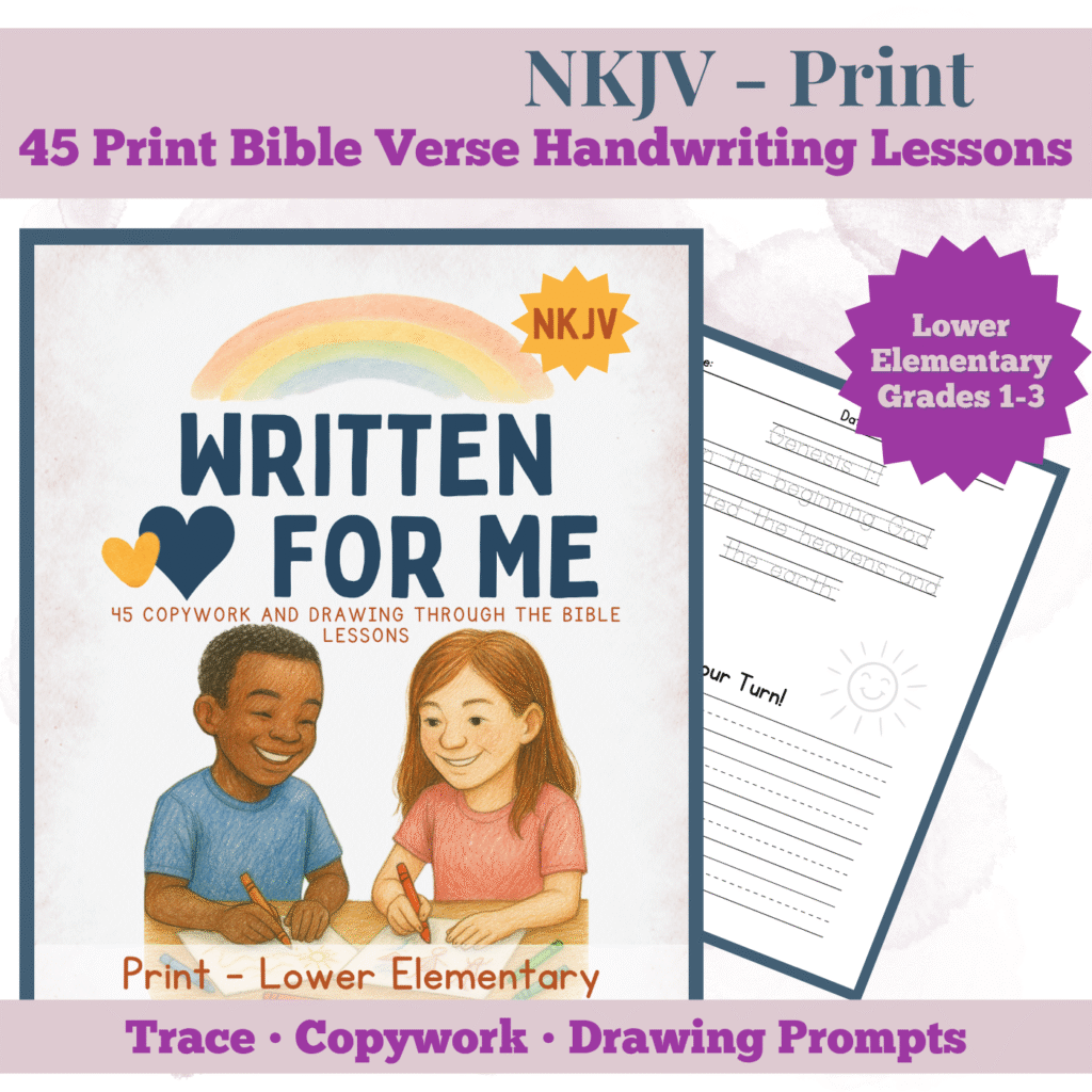 Listing cover for NKJV Kids Handwriting Printable Workbook with a Picture of a boy and girl coloring on the front.