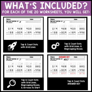 3 Digit Addition with Regrouping Tap & Count Worksheets what's included