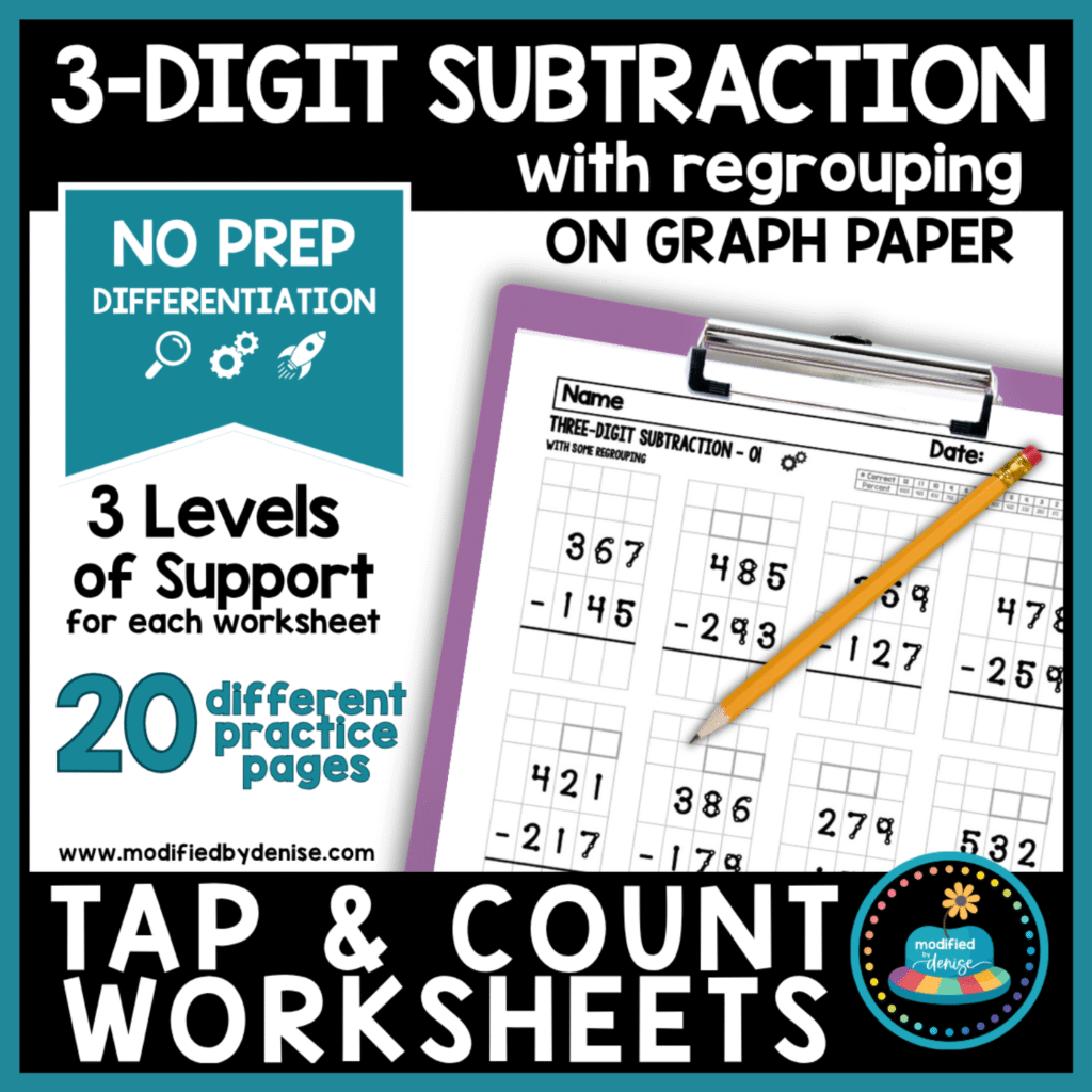 3 Digit Subtraction with Regrouping Tap & Count Worksheets