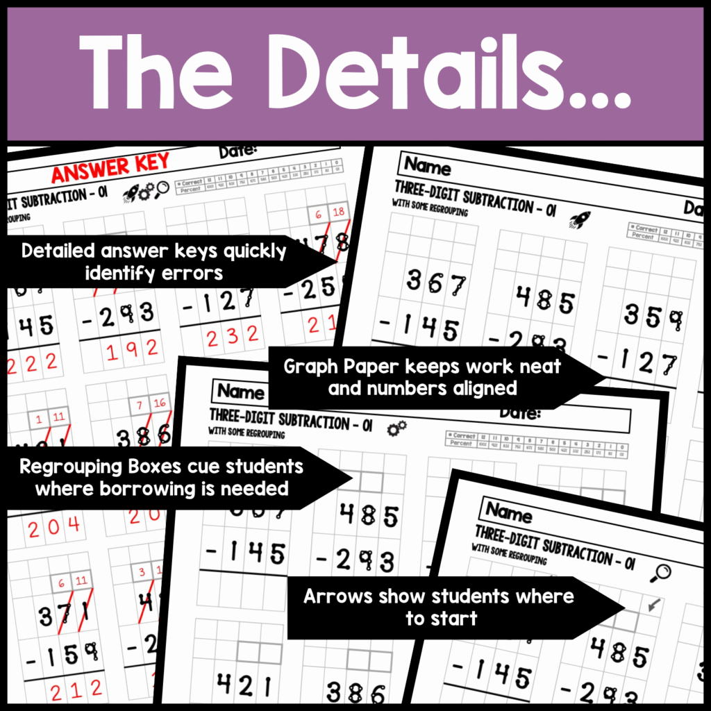 3 Digit Subtraction with Regrouping Tap & Count Worksheets details
