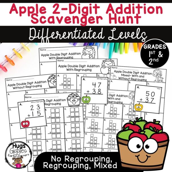 Apple 2-Digit Addition Scavenger Hunt Differentiated 1st–2nd Grade