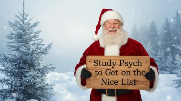 Create a happy santa holding a sign that says _study psych to get on the nice list_, beuaitful winter scene surrounding (1)