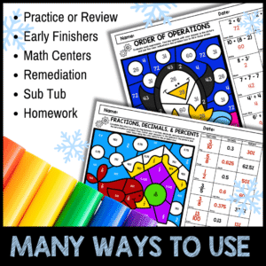 Winter Math Color by Code BUNDLE - Fractions, Integers, Decimals, Percents Differentiated Practice