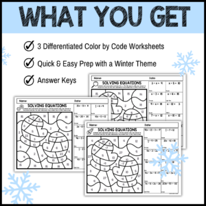 WInter Math Color by Code Solving Equations Differentiated Worksheets