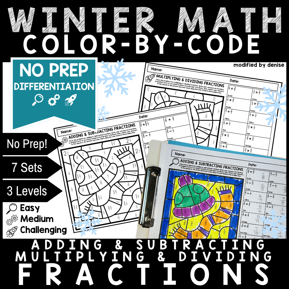 Winter Math Color By Code Fractions Operations Differentiated Activity
