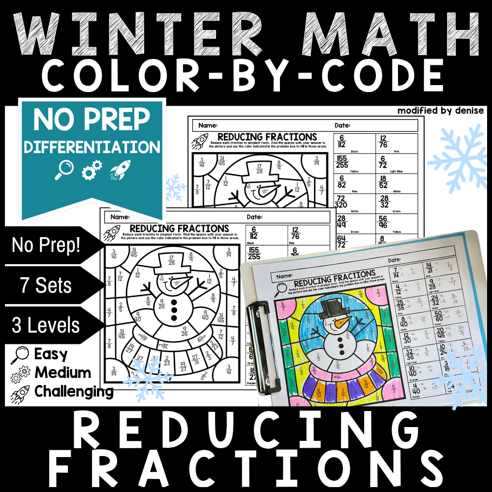 Winter Math Color by Code Reducing Fractions