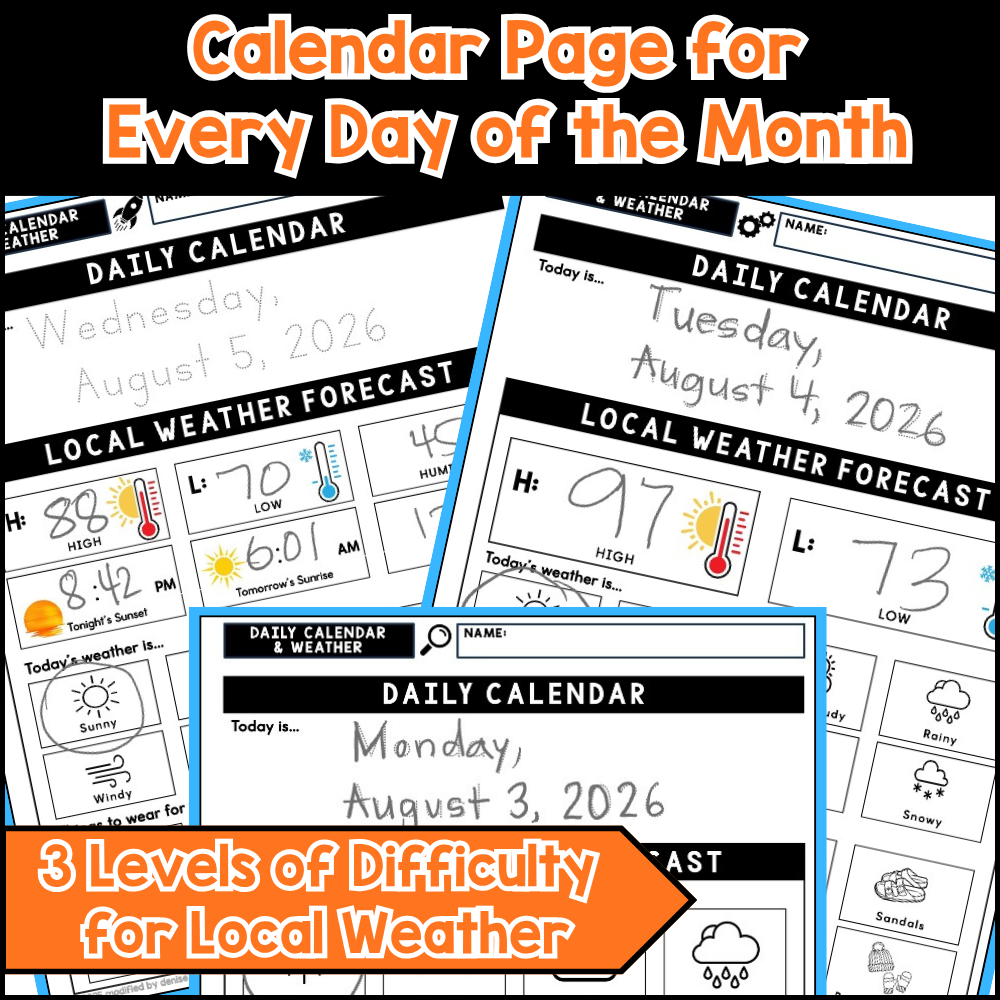 August life skills calendar and weather worksheets for special education