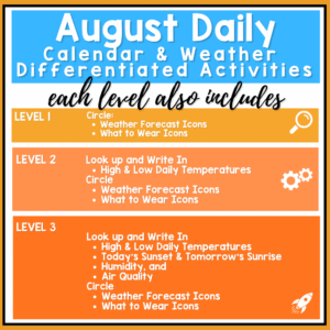August life skills calendar and weather worksheets for special education