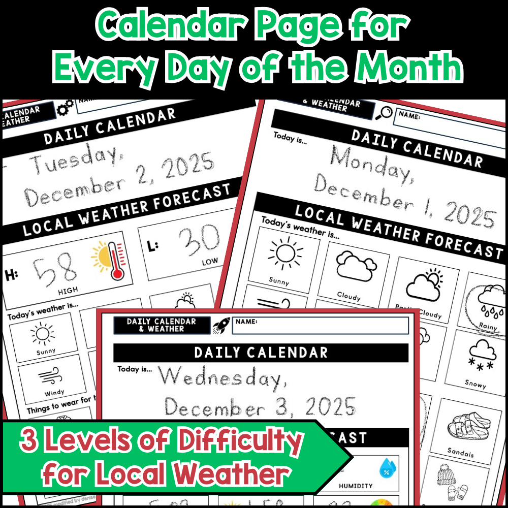 December Daily Calendar & Weather Life Skills Worksheets for Special Education examples