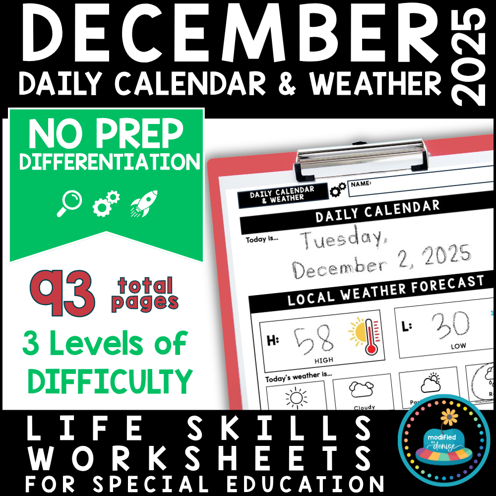 December Daily Calendar & Weather Life Skills Worksheets for Special Education