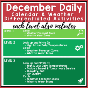 December Daily Calendar & Weather Life Skills Worksheets for Special Education what's included