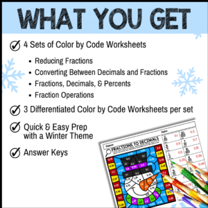 Winter Math Color by Code Differentiated Mini Bundle with Fractions, Decimals, and Percent