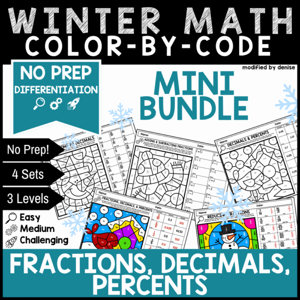 Winter Math Color by Code Differentiated Mini Bundle with Fractions, Decimals, and Percent