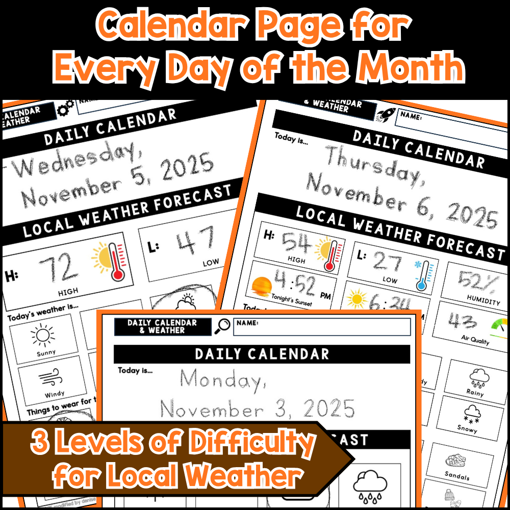 November Daily Calendar & Weather Life Skills Worksheets