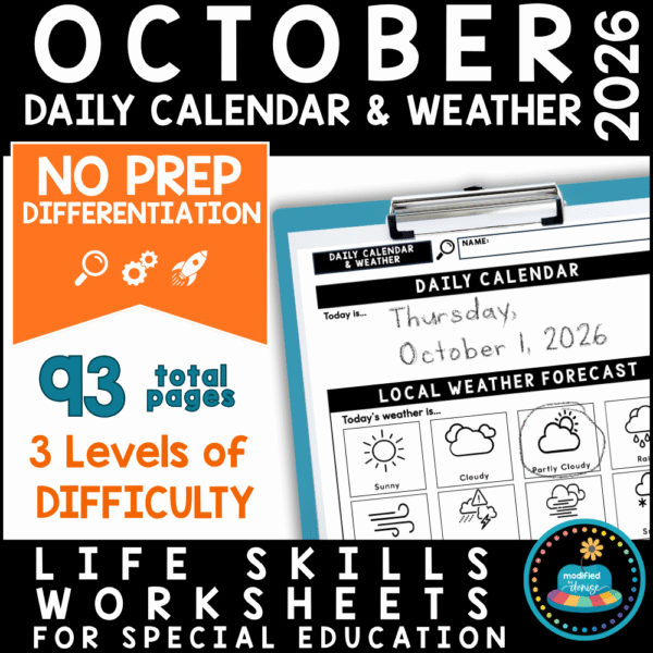 October life skills calendar and weather worksheets for special education