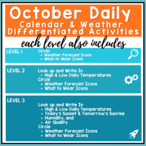 October life skills calendar and weather worksheets for special education