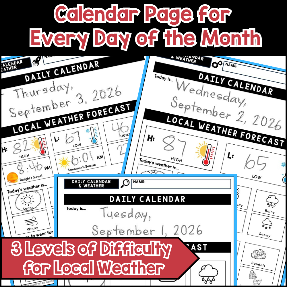 September life skills calendar and weather worksheets for special education