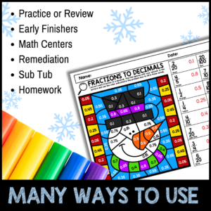 WInter Color by Code Converting Decimals & Fractions Differentiated Worksheets