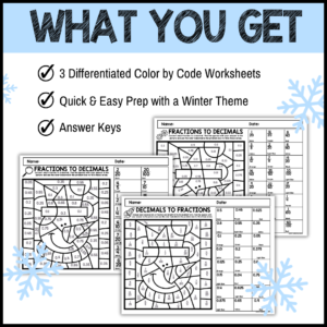 WInter Color by Code Converting Decimals & Fractions Differentiated Worksheets