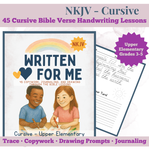 Cover and inside example of the Written for me Cursive Handwriting Workbook Printable