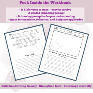 Inside preview of both pages in a lesson for cursive handwriting a verse and drawing prompt and creative writing prompt