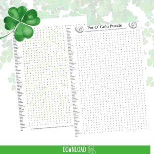 Large St Patrick’s Day word search printable for family fun.