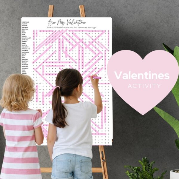 Valentine word search printable with hidden message puzzle.