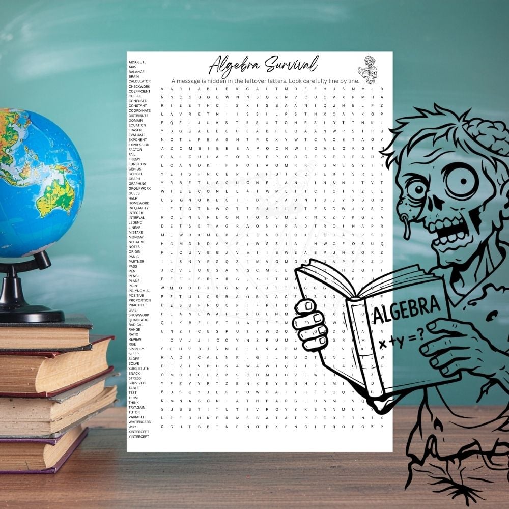 Algebra word search printable puzzle for high school math students.
