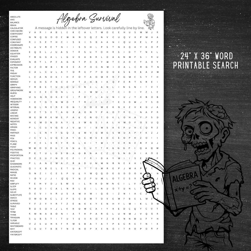 Algebra classroom word search printable for math students.