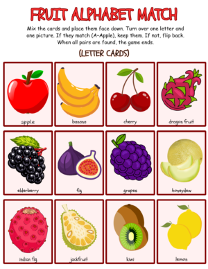 Match the alphabet to the fruit with the same beginning letter.