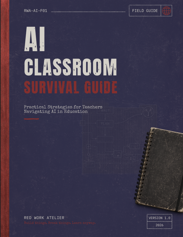 Vintage-inspired cover design for “AI Classroom Survival Guide” featuring distressed typography, a deep indigo textured background, technical field-guide styling, and a worn spiral notebook partially entering from the lower-right corner.