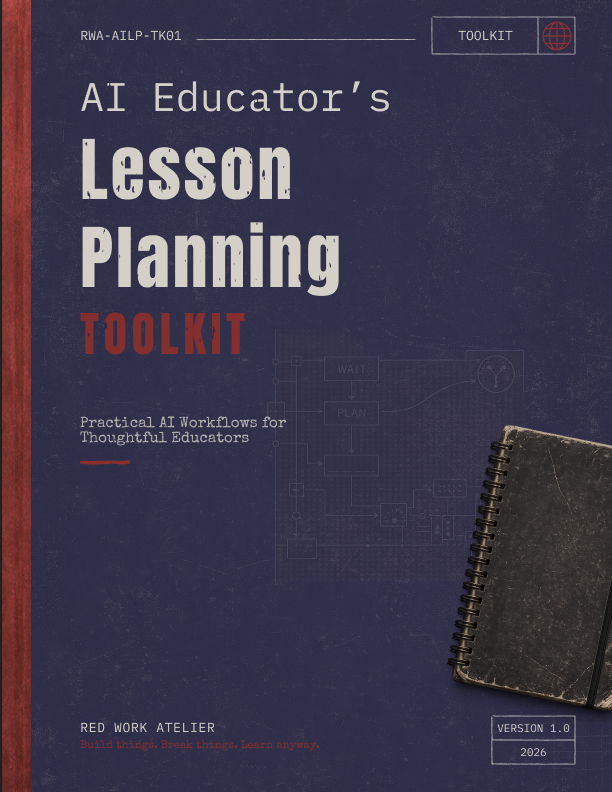 Vintage-inspired cover design for the “AI Educator’s Lesson Planning Toolkit” featuring distressed typography, deep indigo textures, subtle workflow schematics, and a worn spiral notebook partially entering from the lower-right corner.