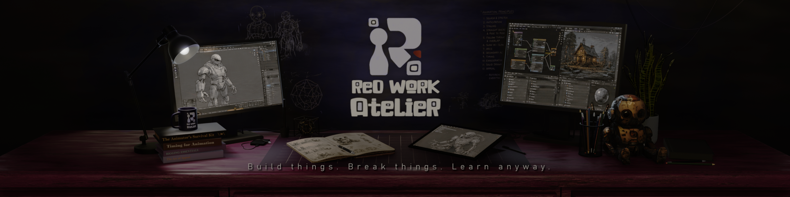 A cinematic digital workbench scene for Red Work Atelier featuring a moody creative studio setup with dual monitors displaying 3D art software, a sketchbook filled with robot concept drawings, a desk lamp casting warm light across a dark red wooden desk, stacked animation books, scattered creative tools, and a small robot figurine beside a plant. The Red Work Atelier logo glows softly at the center against a textured chalkboard-style wall covered with faint animation notes and technical sketches, creating an atmospheric workspace focused on teaching, creativity, and digital craftsmanship.