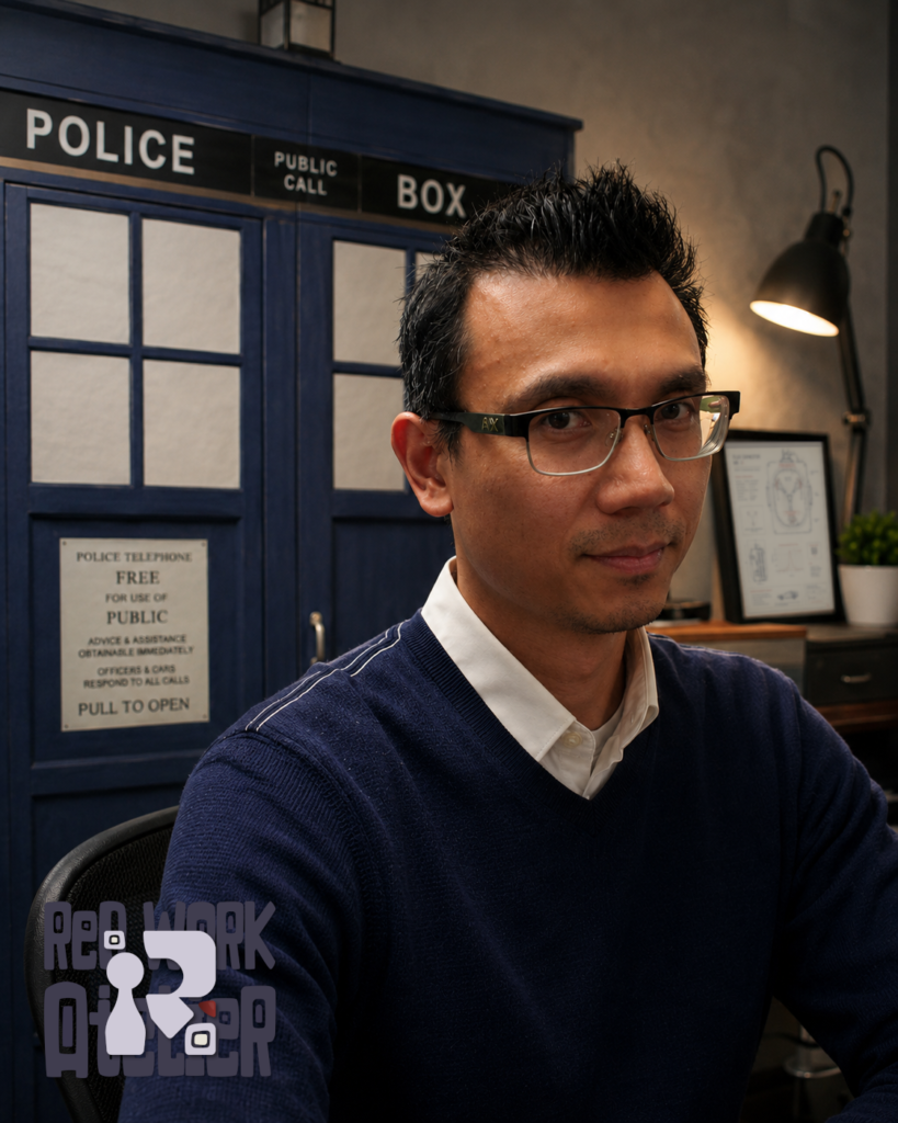 Professional portrait of Rath seated at a desk in front of a blue TARDIS cabinet backdrop, wearing glasses and a navy sweater over a white collared shirt. Warm studio lighting illuminates the workspace, with a framed flux capacitor-style technical print and desk lamp visible in the background.
