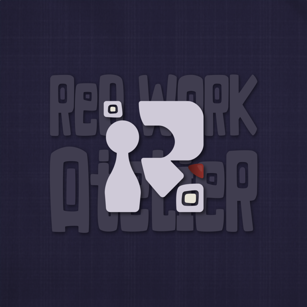 A square Red Work Atelier logo on a dark textured indigo background featuring a large abstract geometric “R” emblem layered over oversized shadowed lettering spelling “Red Work Atelier.” The logo uses soft gray tones with small red accents, creating a handcrafted and modern studio identity.
