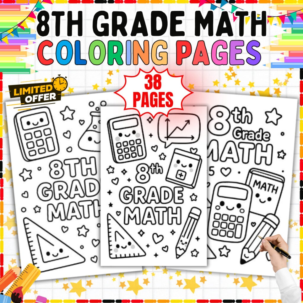 8th Grade Math Coloring Pages cover showing kawaii calculators, geometry rulers, and math textbooks