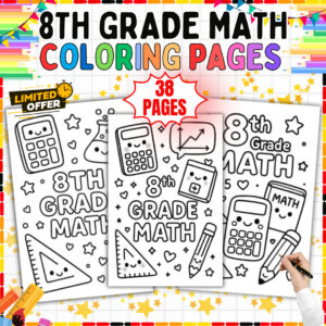 8th Grade Math Coloring Pages cover showing kawaii calculators, geometry rulers, and math textbooks