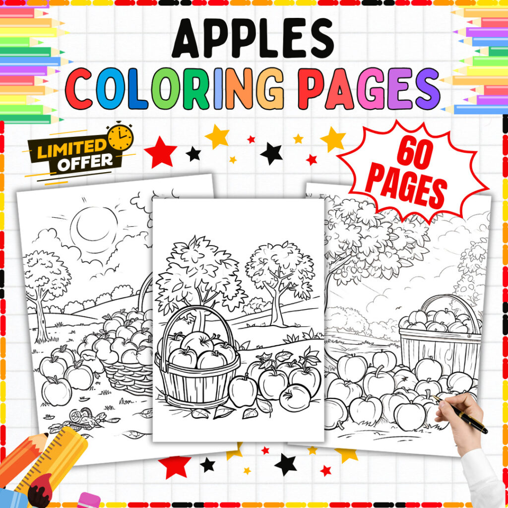 Apples Coloring Pages Printable Activities for Kids and Preschool, Kindergarten, 1st Grade Classroom