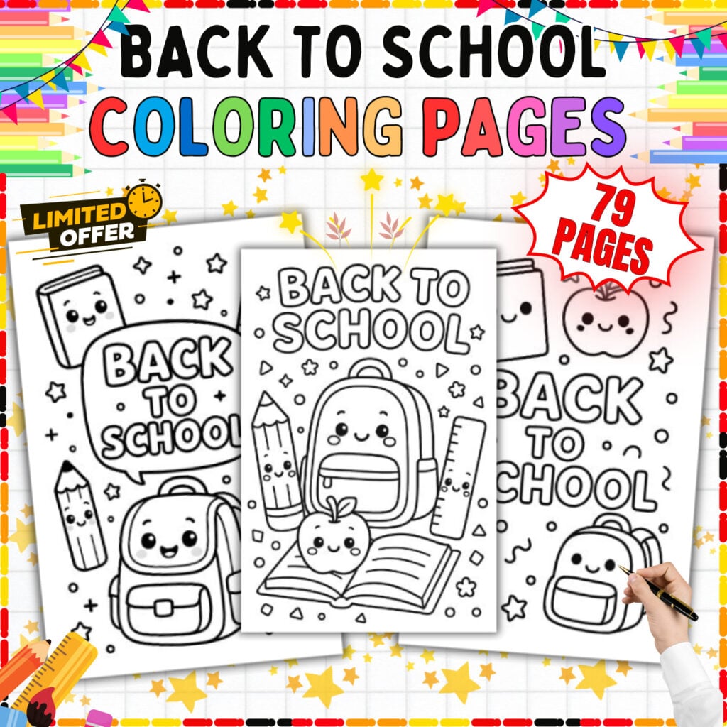Back to School Coloring Pages cover with cute backpacks, pencils, apples, and school supplies
