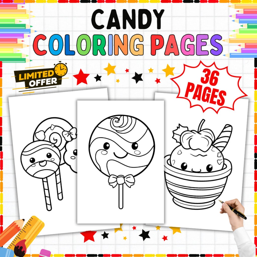 Candy coloring pages printable workbook cover showing lollipops, sweets, and dessert art for kids