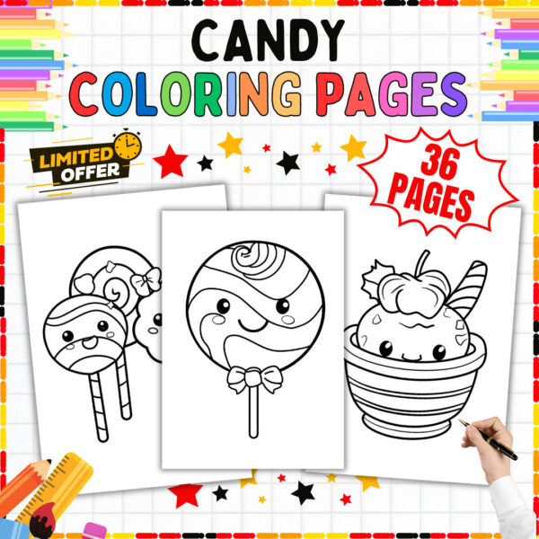 Candy coloring pages printable workbook cover showing lollipops, sweets, and dessert art for kids